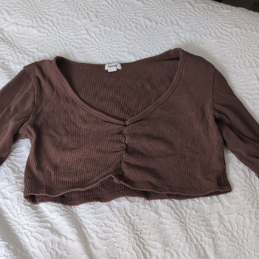Garage Brown Ruched Crop Blouse 3/4 Sleeve
